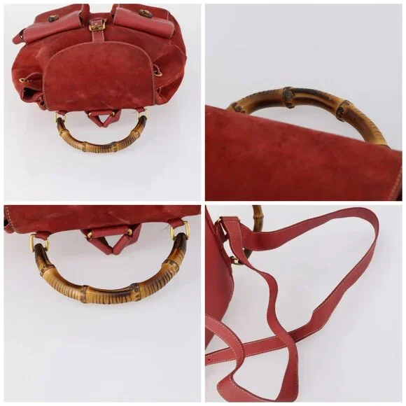 GUCCI Bamboo Backpack Suede Red Gold 003 2058 0016 Auth th6525